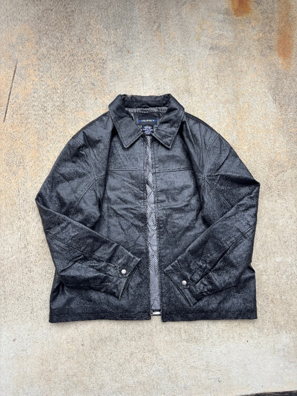 Vintage Black Genuine Leather Jacket Collared Zip Up Boxy Coat XL
